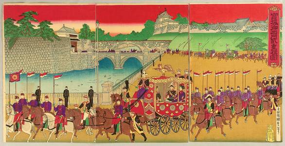 歌川国貞三代: Imperial Procession and Nijubashi Bridge - Artelino