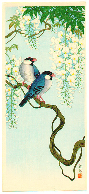 Ohara Koson: Two birds on white wisteria - Artelino