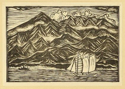 Ishizaki Shigetoshi: Scenery - Sail Boat and Mountains - Artelino