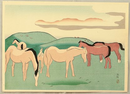 坂本繁二郎: Horses in Pasture - Five Views of Aso - Artelino