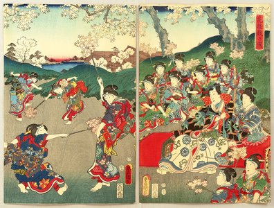 歌川国貞: Dueling With Cherry Blossom Branches - Prince Genji - Artelino