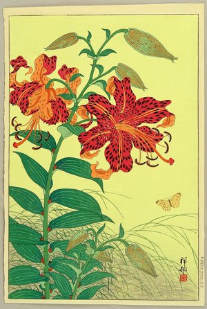Ohara Koson: Tiger Lilies and Butterfly - Artelino