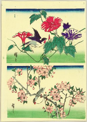 三代目歌川広重: Birds, Morning Glories and Cherry Blossoms - Artelino