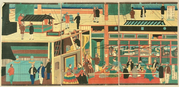 Utagawa Yoshikazu: Inside of a Steam Boat - Artelino