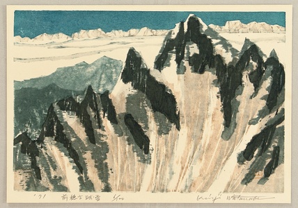 Japanischer Druck "Remaining Snow on Mt. Maehotaka" von Watanabe Kinji