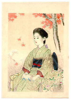 月岡耕漁: Girl under Maple Leaves (Kuchi-e) - Artelino