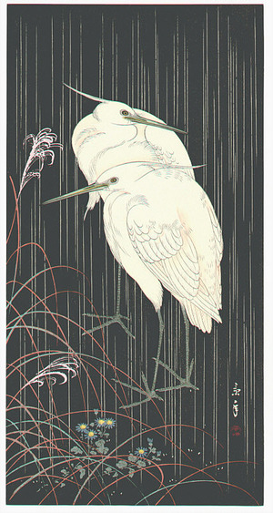 今尾景年: Two Egrets in Rainy Night - Artelino