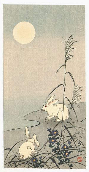 今尾景年: Two Rabbits in the Moonlight - Artelino