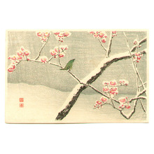 Takahashi Hiroaki: Bush Warbler and Snowy Plum Tree (post card size) - Artelino