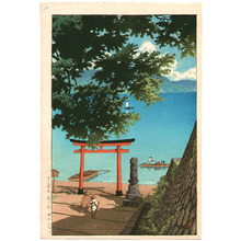 川瀬巴水: Chuzenji Temple at Utagahama Beach - Artelino
