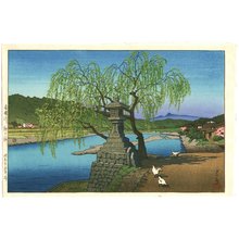 Kawase Hasui: Willow of Ferry Station at Yoshino River - Artelino