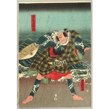 Utagawa Kunisada, 歌川国貞 (Utagawa Kunisada)创作的日本版画《Jirozo in Rain - Kabuki》