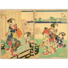 Japanischer Druck "Beauties and Cherry Blossoms" von Utagawa Kunisada, 歌川国貞 (Utagawa Kunisada)