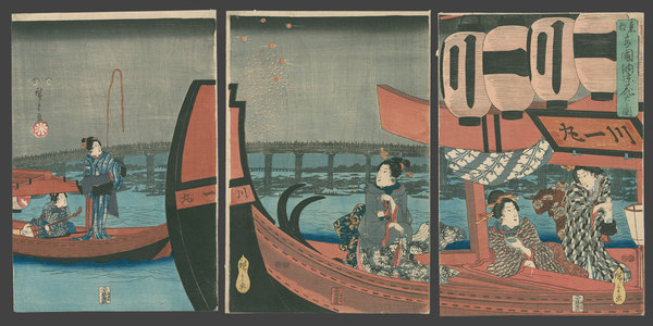 Utagawa Hiroshige: Enjoying the Evening Cool and Fireworks at Ryogoku Bridge in the Eastern Capital - The Art of Japan
