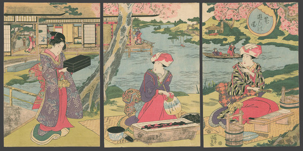 歌川国貞: Beauties Preparing a Picnic in a Park - The Art of Japan