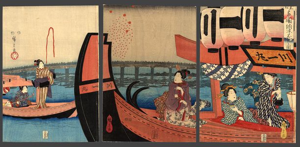 Utagawa Hiroshige: Enjoying the evening cool and fireworks at Ryogoku Bridge in the eastern capital - The Art of Japan