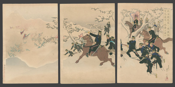 Ichino Eiichi: Our Army's Advance Guard Storms the 100 Foot Cliff at Fort Hojo Near Wei-Hai-Wei and Occupies it. - The Art of Japan