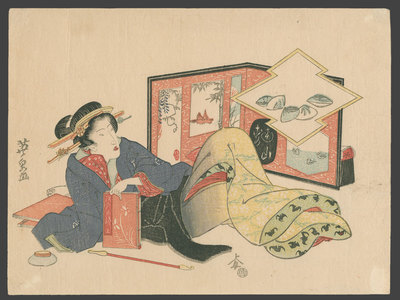 Keisai Eisen, 渓斉英泉 (Eisen)による浮世絵「A Courtesan Relaxing and Reading a Set of Books (E-hon) on the Views of Edo」