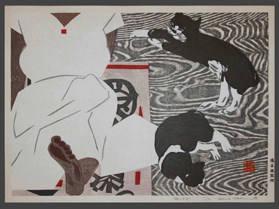 橋本興家: Young Lady with Two Cats 7/20 - The Art of Japan