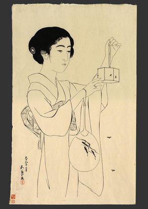 Hashiguchi Goyo: Woman with fan and cricket cage - The Art of Japan