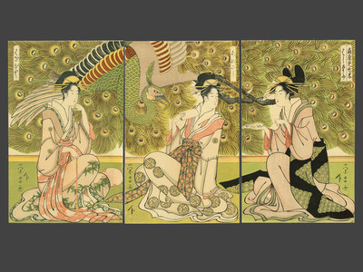 Eisho: A Glimpse of the Premises of the House of the Fan: Courtesans Hashidate, Ayakshi and Hanabito. - The Art of Japan