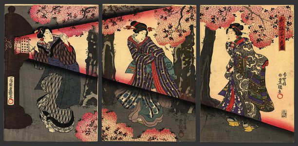 Utagawa Kunisada: Beauties viewing cherry blossoms by lantern light - The Art of Japan