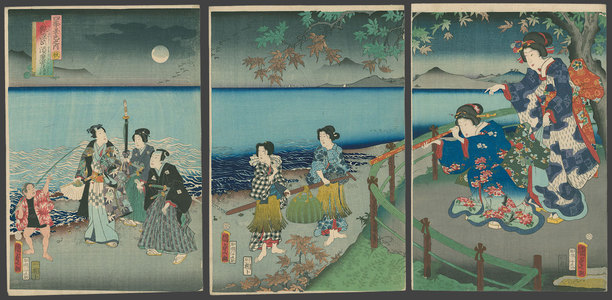 二代歌川国貞: Autumn - The gentle Genji under the moon at Suwa - The Art of Japan