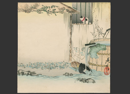 柴田是眞: Cat in a farmhouse window with kitchen utensils being washed in a stream - The Art of Japan
