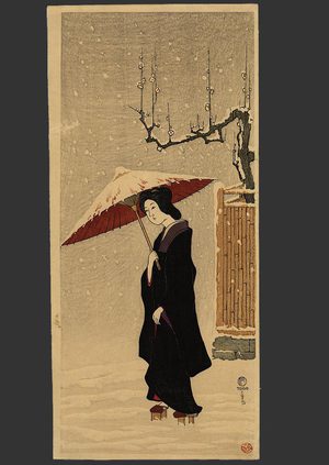 Fritz Capelari: Woman in Snow (Fence and Plum Tree) - The Art of Japan