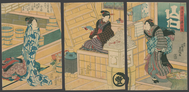 歌川国貞: A bath house attendant greets a customer, as one is finishing her bath. (Yamaguchi Bath House) - The Art of Japan