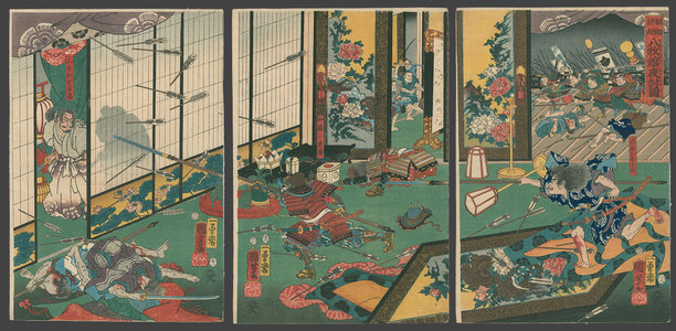 歌川国芳: Yoritomo's night attack on the palace of Yamaki Kanetaka in 1180 - The Art of Japan