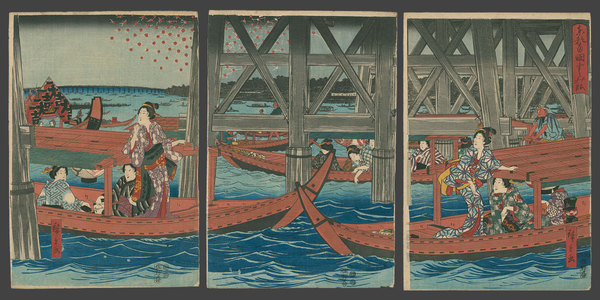 Utagawa Hiroshige: Enjoying the evening Cool under the Ryogoku Bridge in the eastern Capital - The Art of Japan