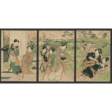 Japanischer Druck "Bijin play and drink in the garden of a teahouse" von Utagawa Kunisada, 歌川国貞 (Kunisada)