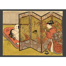 Isoda Koryusai: A girl getting aroused while spying on a couple making love through a screen. - The Art of Japan