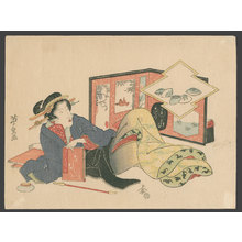 Japanese Print "A Courtesan Relaxing and Reading a Set of Books (E-hon) on the Views of Edo" by Keisai Eisen, 渓斉英泉 (Eisen)