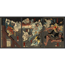 歌川国芳: Discomfiture of Benkei on Gojo Bridge by Yoshitsune, assisted by the Tengu - The Art of Japan