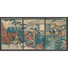 Utagawa Kuniyoshi: Ushiwakamaru (Yoshitsune as a Boy) Serenading Loruri-hime with his Flute as She accompanies Him inside on Her Koto - The Art of Japan