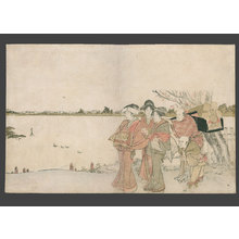 葛飾北斎: Long surimono - Oiran on a pilgrimage on the banks of the Sumidagawa - The Art of Japan