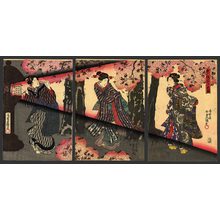 Japanischer Druck "Beauties viewing cherry blossoms by lantern light" von Utagawa Kunisada, 歌川国貞 (Kunisada)