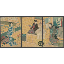 Utagawa Kunisada: A bath house attendant greets a customer, as one is finishing her bath. (Yamaguchi Bath House) - The Art of Japan
