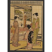 Eishi: 3 bijin and a maid have tea in a room off a veranda - The Art of Japan