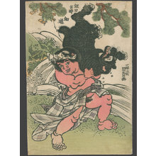 Japanischer Druck "Kintoki wrestles with his Animal Companion, the Bear (Sakata Kintoki)" von Utagawa Kunisada, 歌川国貞 (Kunisada)