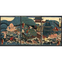 Utagawa Kuniyoshi: Towara Toda (Fujiwara Hidesato) returning the precious bell to be hung at Miidera - The Art of Japan