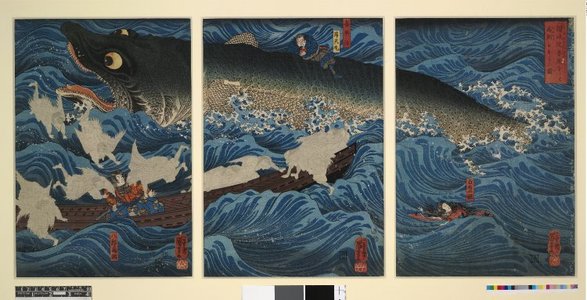 Utagawa Kuniyoshi: Sanuki no inken zoku o shite Tametomo o sukuu zu 讃岐院ケン属をして爲朝をすくふ圖 (Tametomo and his Son Rescued by Tengu) - British Museum