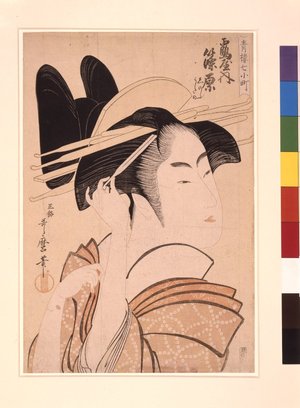 Kitagawa Utamaro: Tsuruya uchi Shinohara, Shinobu, Utano 鶴屋内篠原 志のぶ うたの (Shinohara of the Tsuruya, [kamuro:] Shinobu, Utano) / Seiro nana Komachi 青楼七小町 (Seven Komachis of Yoshiwara) - British Museum