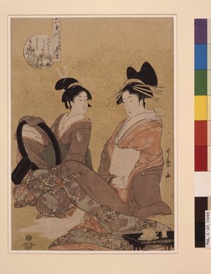 Kitagawa Utamaro, 喜多川歌麿 (Kitagawa Utamaro (喜多川歌麿))による浮世絵「Tamaya uchi Hanamurasaki, Shirabe, Teriha 玉屋内花紫 しらべ てりは (Hanamurasaki of the Tamaya, [kamuro:] Shirabe, Teriha) / Mutamagawa 六玉川 (Six Jewel Rivers)」