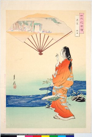 尾形月耕: Hana-gatami, Kyojo 花筐 狂女 / Nihon hana zue 日本花図絵 - 大英博物館