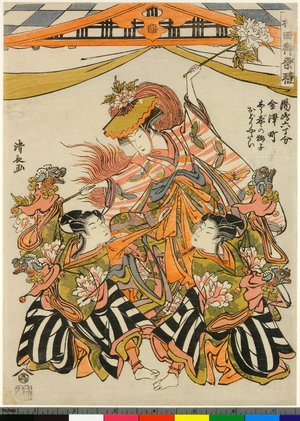 鳥居清長: Kanazawa-cho shojo no shishi-odori yatai / Kanda go-sairei - 大英博物館
