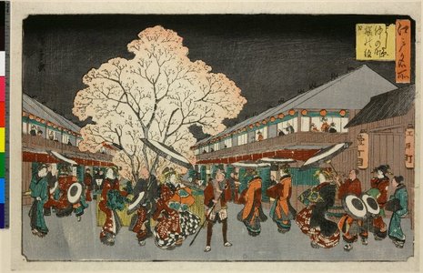 Utagawa Hiroshige: Yoshiwara naka no machi sakura no ushiro-muki / Edo Meisho - British Museum