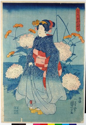 歌川国芳: Toji ichimatsu hana no yo suzumi 當時一松花の欣涼 (Modern Chequered Fashions for an Evening Stroll Among the Flowers) - 大英博物館